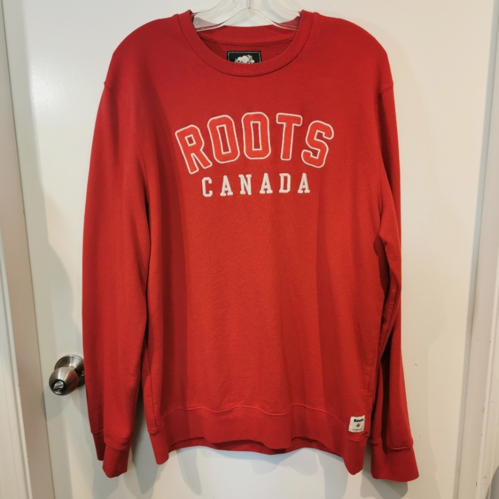 ROOTS | Embroidered Applique Logo Crew Neck, Red + White